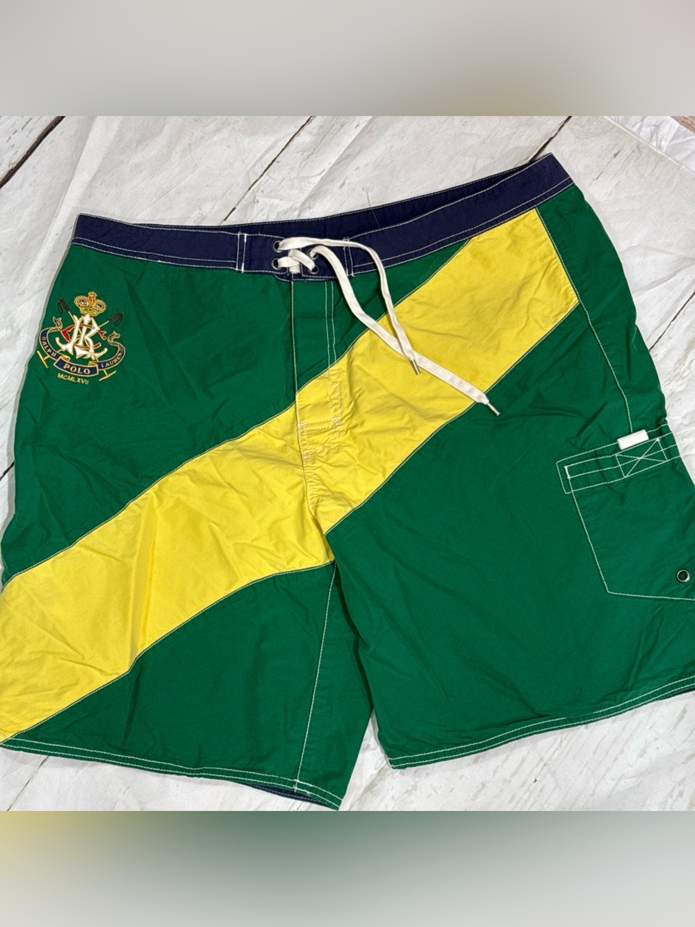 Polo Ralph Lauren Board Shorts Mens 38 Green Yellow Colorblock Swim Trunk Rare🔥